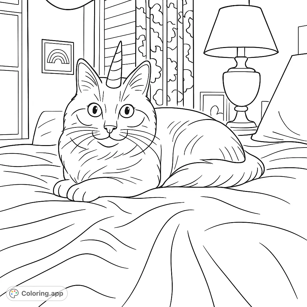 A delightful unicorn cat rests on a cozy bed, surrounded by charming bedroom details. A magical and relaxing free printable coloring page for all ages.