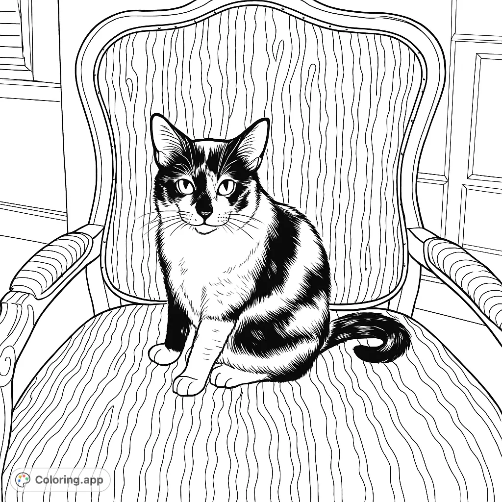 A charming tuxedo cat sits regally on an ornate armchair, ready for your creative colors. Perfect for cat lovers!