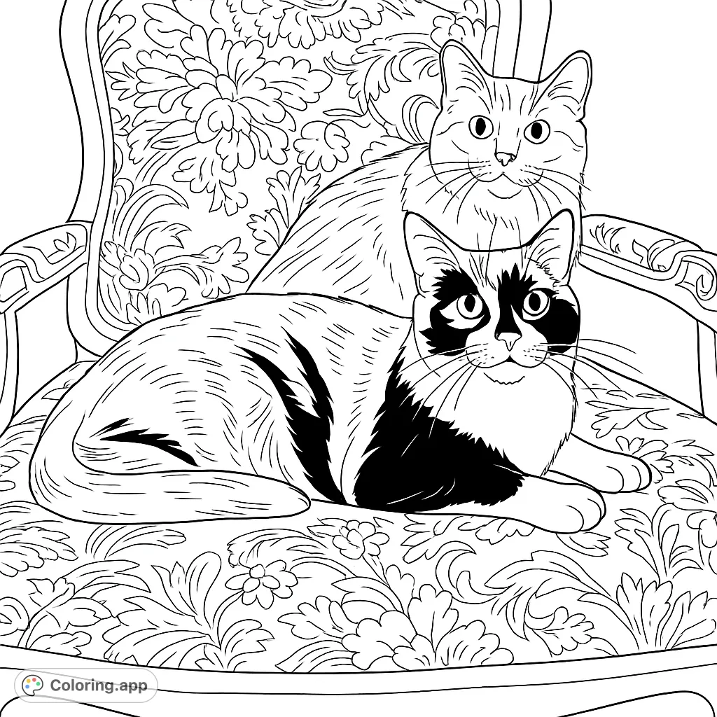 A charming coloring page featuring two adorable cats, a calico and a ginger, relaxing on a beautifully detailed antique armchair with floral patterns.