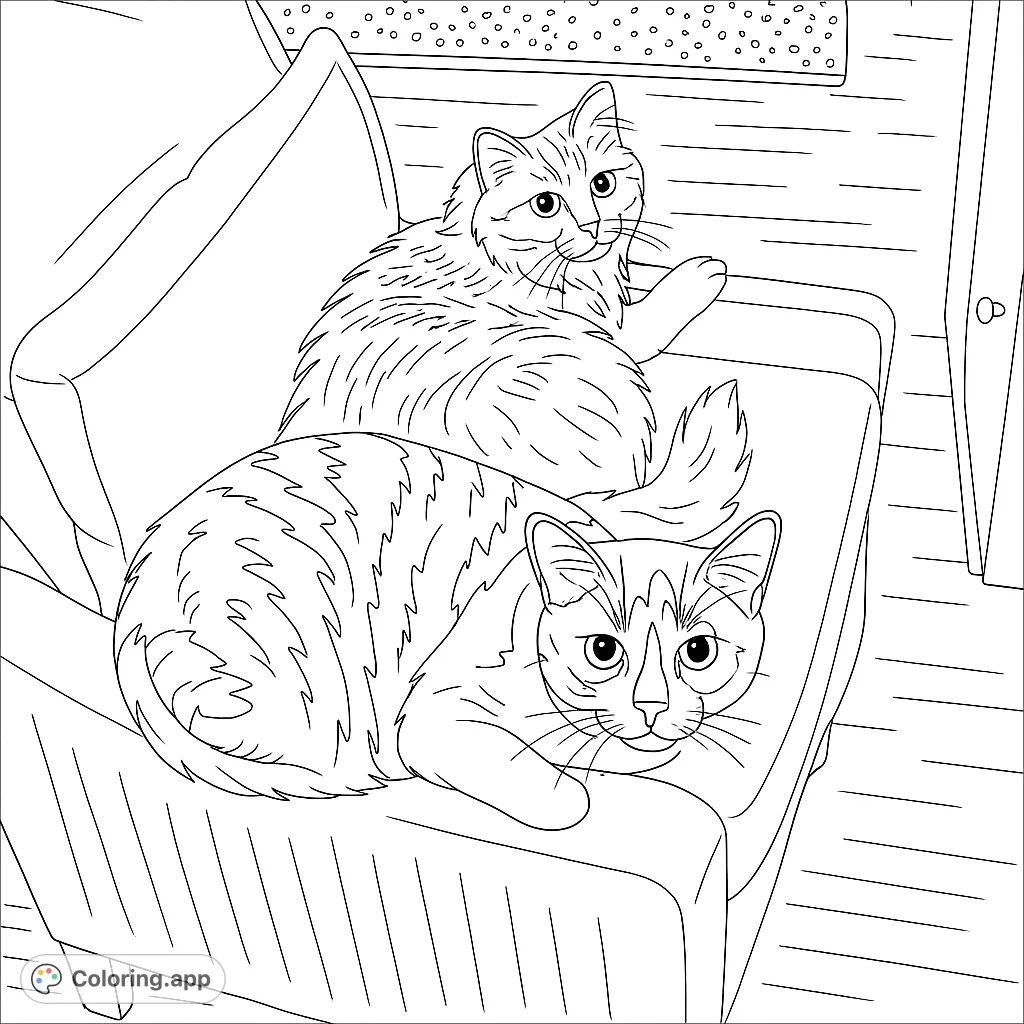 Two charming cats lounge on a cozy sofa, one tabby and one fluffy, in a delightful indoor scene. Perfect for cat lovers!
