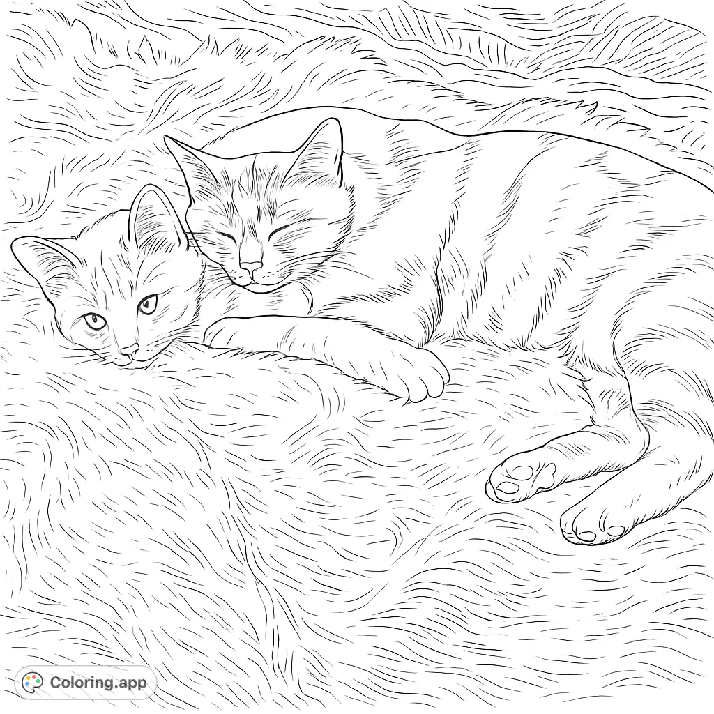 Adorable cats snuggled on a fluffy blanket. A peaceful scene perfect for animal lovers to color, featuring intricate fur textures and clear outlines.