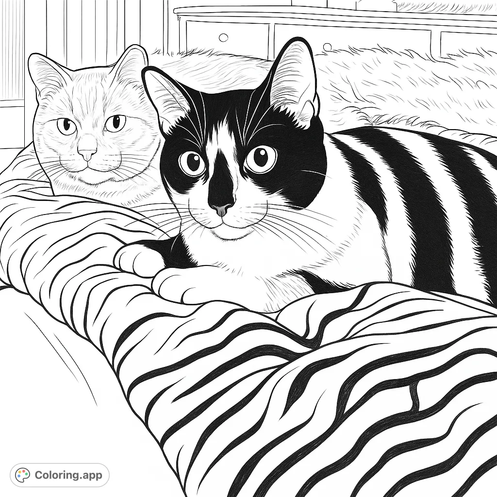 A charming cats coloring page featuring two feline friends lounging on a patterned blanket. Perfect free printable coloring page for cat lovers of all ages.