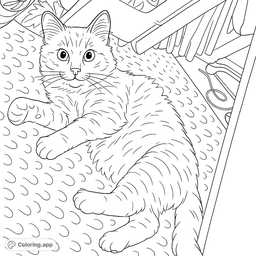 A charming fluffy cat rests on a textured blanket, inviting you to add vibrant colors to its cozy scene. Perfect for cat lovers!