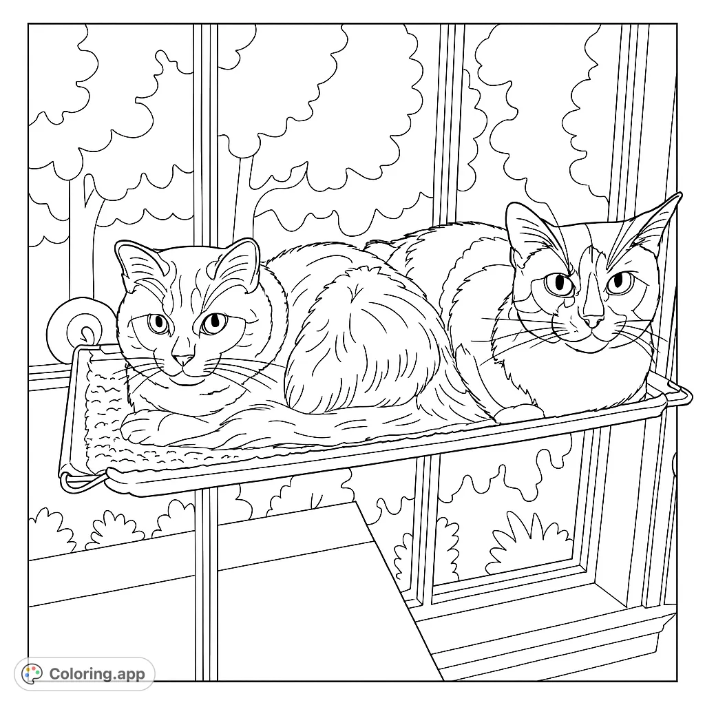 Two adorable cats relax on a window perch, enjoying the view. A purr-fect free printable cat coloring page for all ages.