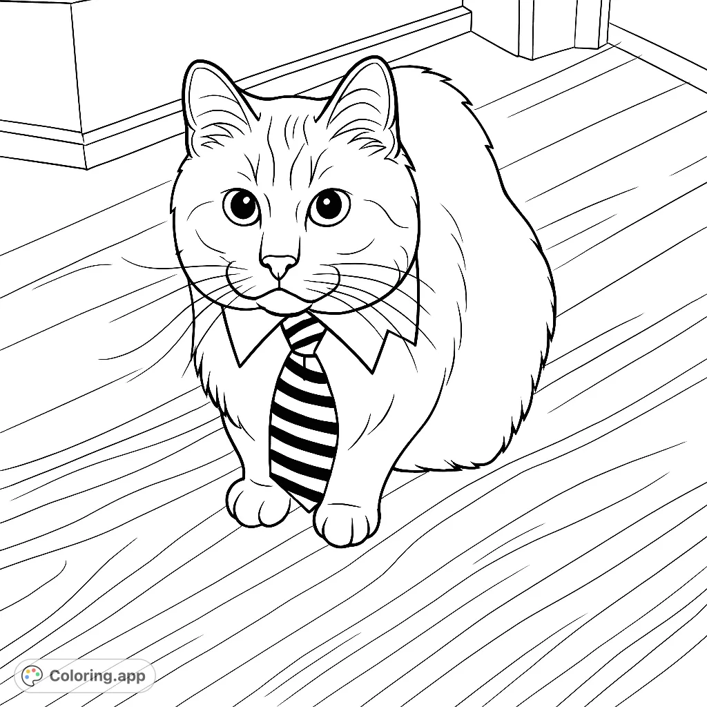 A charming cat in a collared shirt and striped tie sits on a wooden floor, ready for a fun coloring adventure. Perfect for cat lovers!