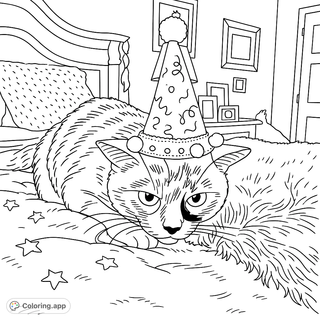 A charming cat in a party hat, looking unimpressed, ready for a fun coloring adventure. Perfect for pet lovers and festive occasions!