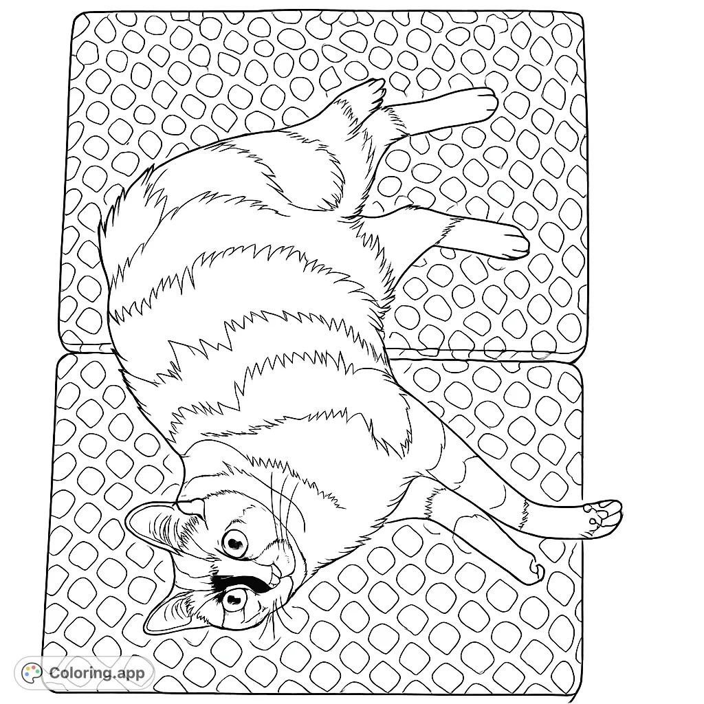 A charming cat lies belly up on patterned cushions, inviting playful coloring. Perfect for cat lovers and relaxation.