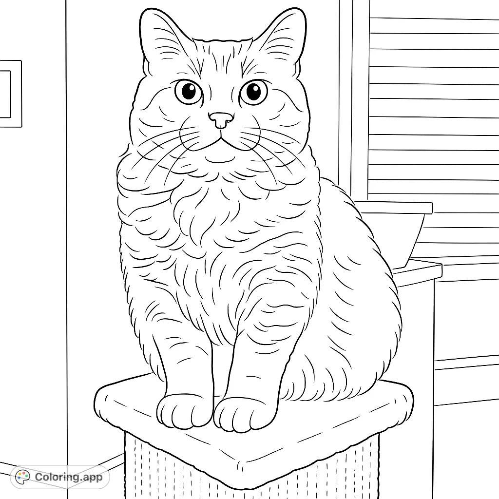 A charming fluffy cat sits regally atop a textured scratching post, ready for vibrant colors. Perfect for cat lovers!