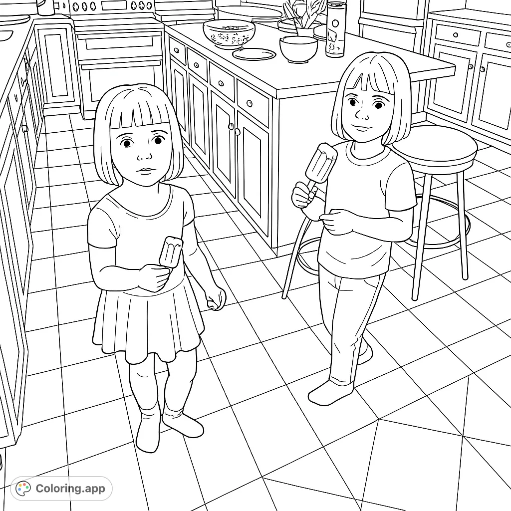 Two happy girls enjoy popsicles in a detailed kitchen. A fun, free printable kitchen scene coloring page for kids and adults.