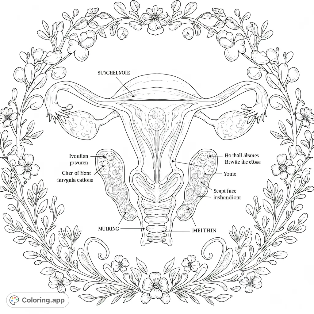 Explore human anatomy with this detailed female reproductive system coloring page, framed by a beautiful floral wreath. Perfect for learning and relaxation.