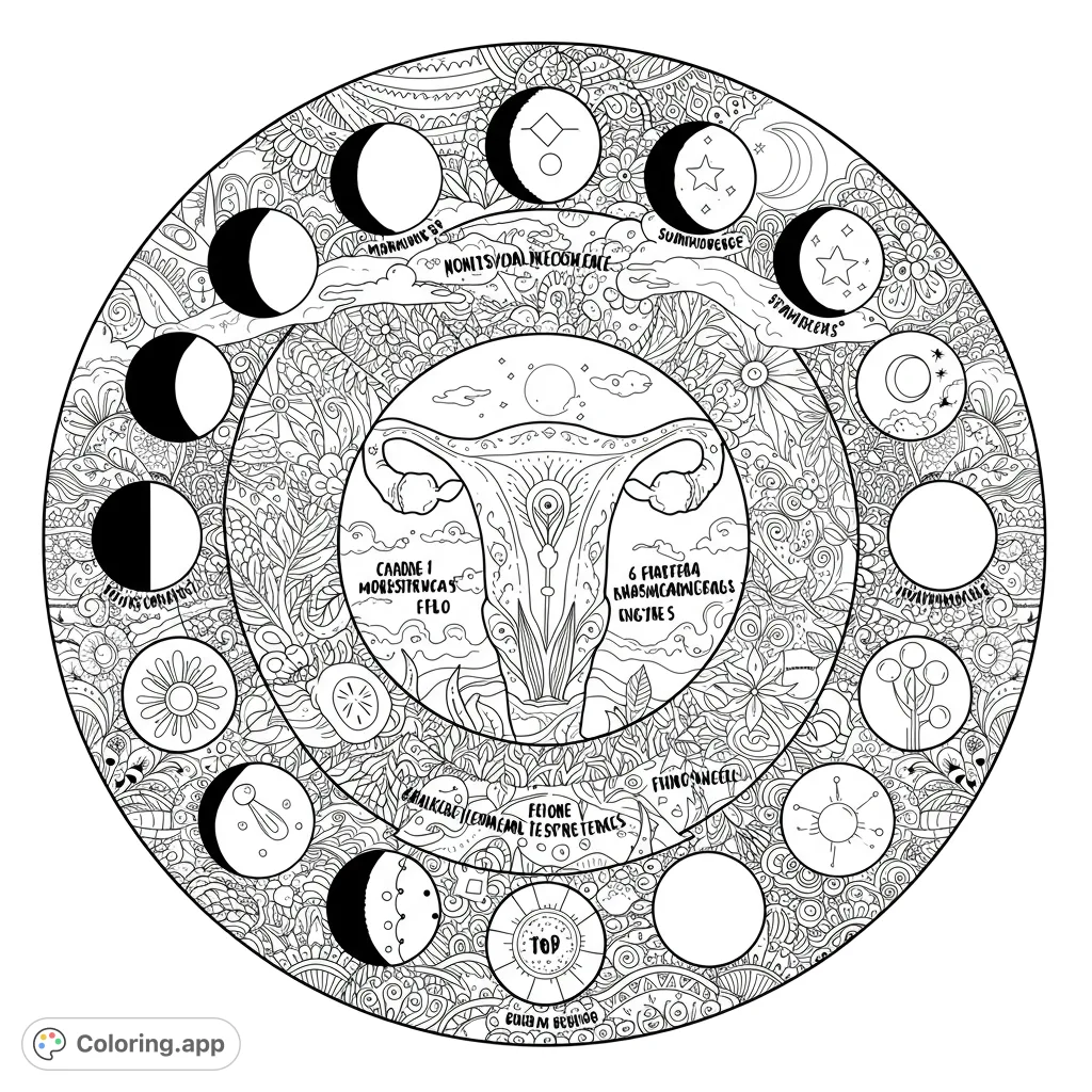 Intricate feminine cycle mandala coloring page featuring a stylized uterus, moon phases, and detailed floral patterns. A free printable coloring page for adults.