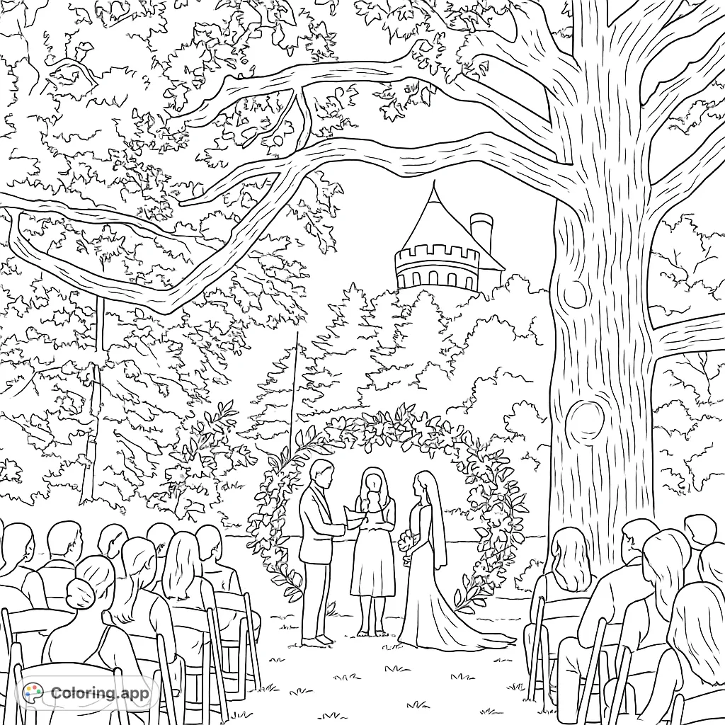 Celebrate love with this beautiful outdoor wedding ceremony coloring page. Features a couple, guests, and a castle backdrop under majestic trees. Free printable coloring page for adults.