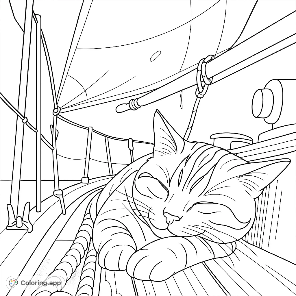 A peaceful cat naps on a sailboat deck, surrounded by nautical details. Perfect for a relaxing coloring experience. Free printable cat coloring page.