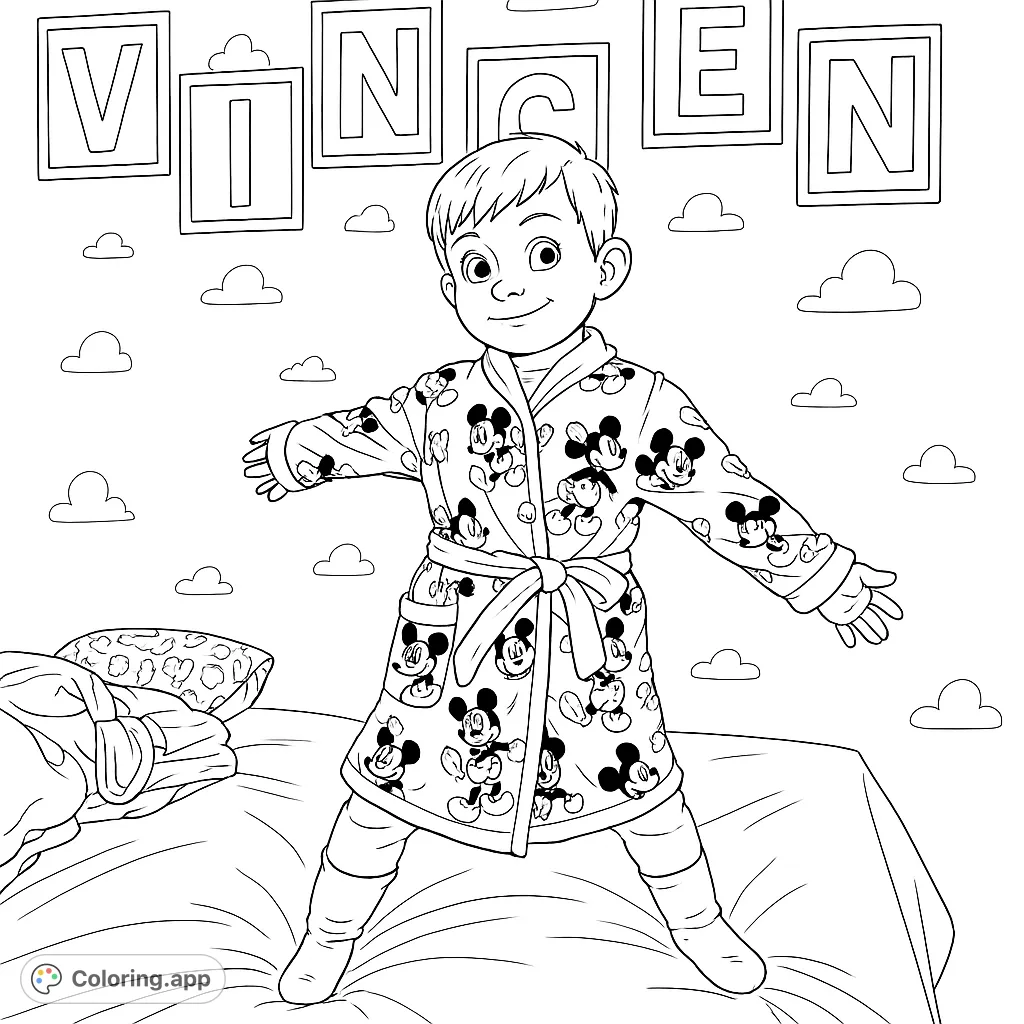A cheerful boy in a Mickey Mouse bathrobe stands on a bed, ready for fun. A delightful, free printable coloring page for kids!