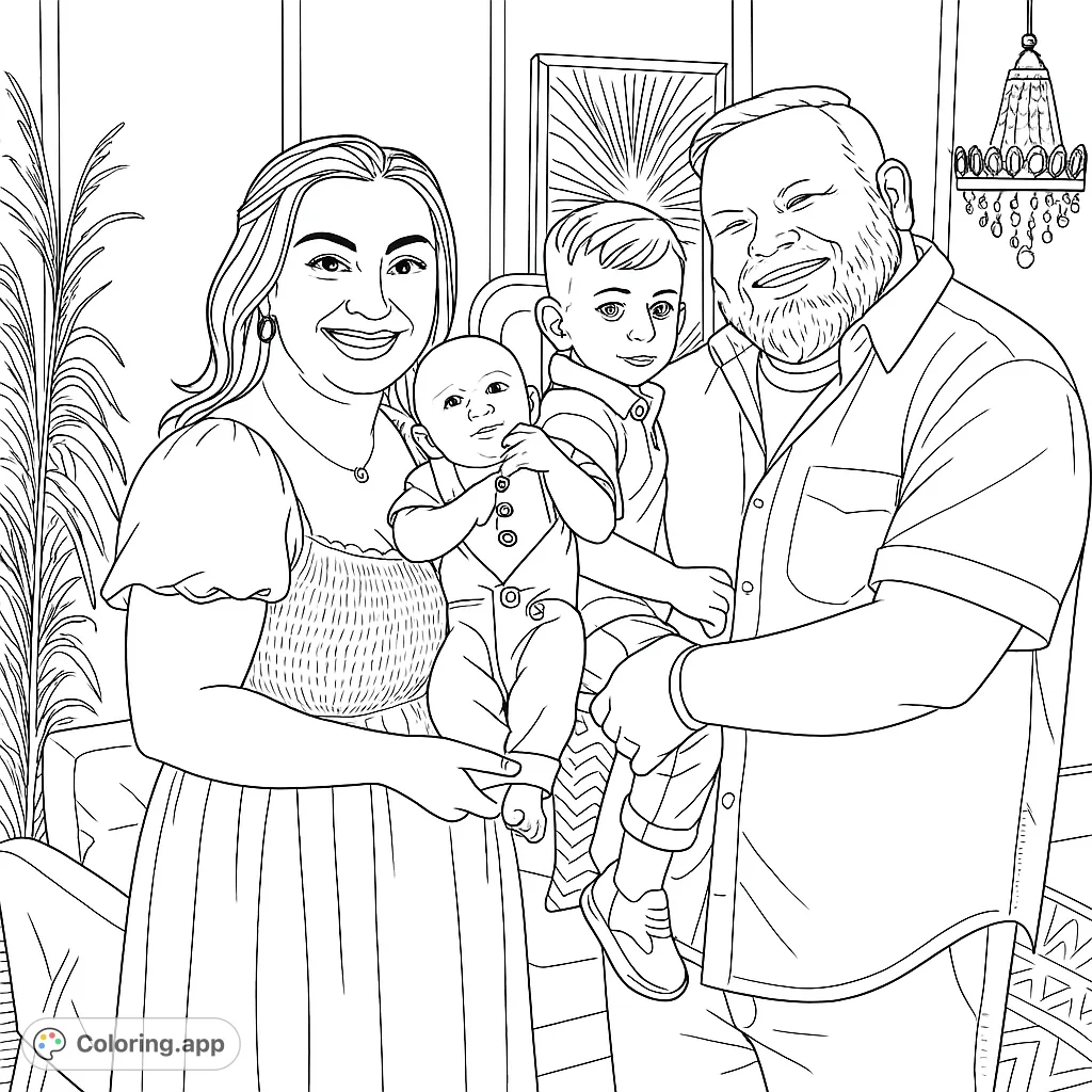 A joyful family portrait featuring a mom, dad, and their two children. This family portrait coloring page is a free printable coloring page, perfect for all ages.
