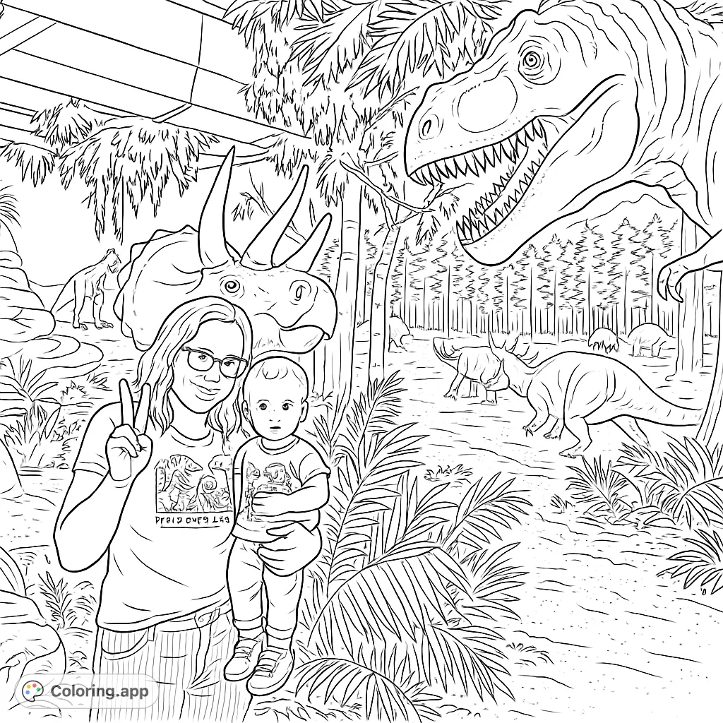 Explore a prehistoric world! A family poses with giant dinosaurs in a lush jungle exhibit. Fun for all ages.