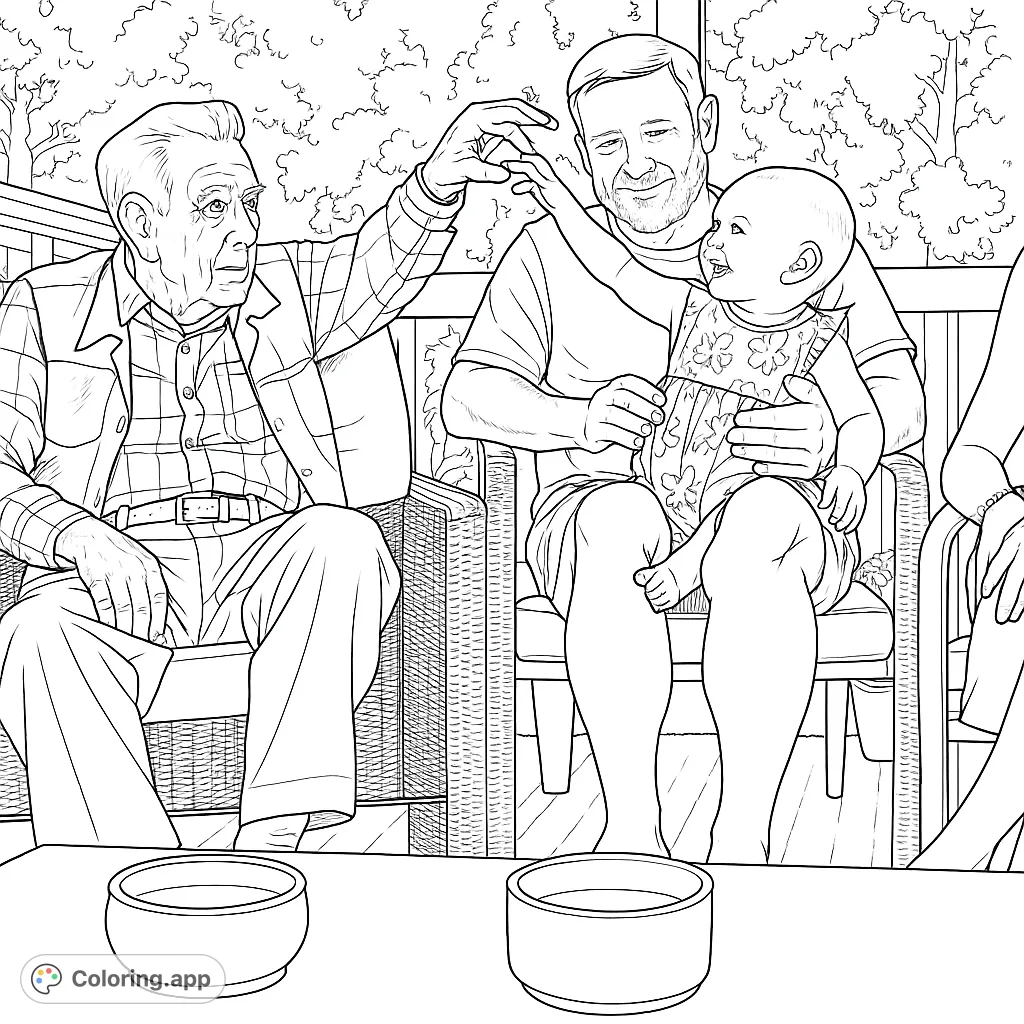 Capture heartwarming family moments with this intergenerational bonding coloring page, featuring a grandfather, father, and baby on a porch.