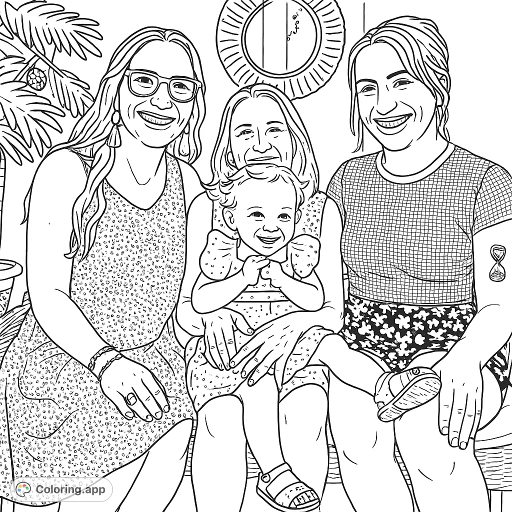 A heartwarming family portrait featuring three women and a baby, perfect for a joyful coloring experience.