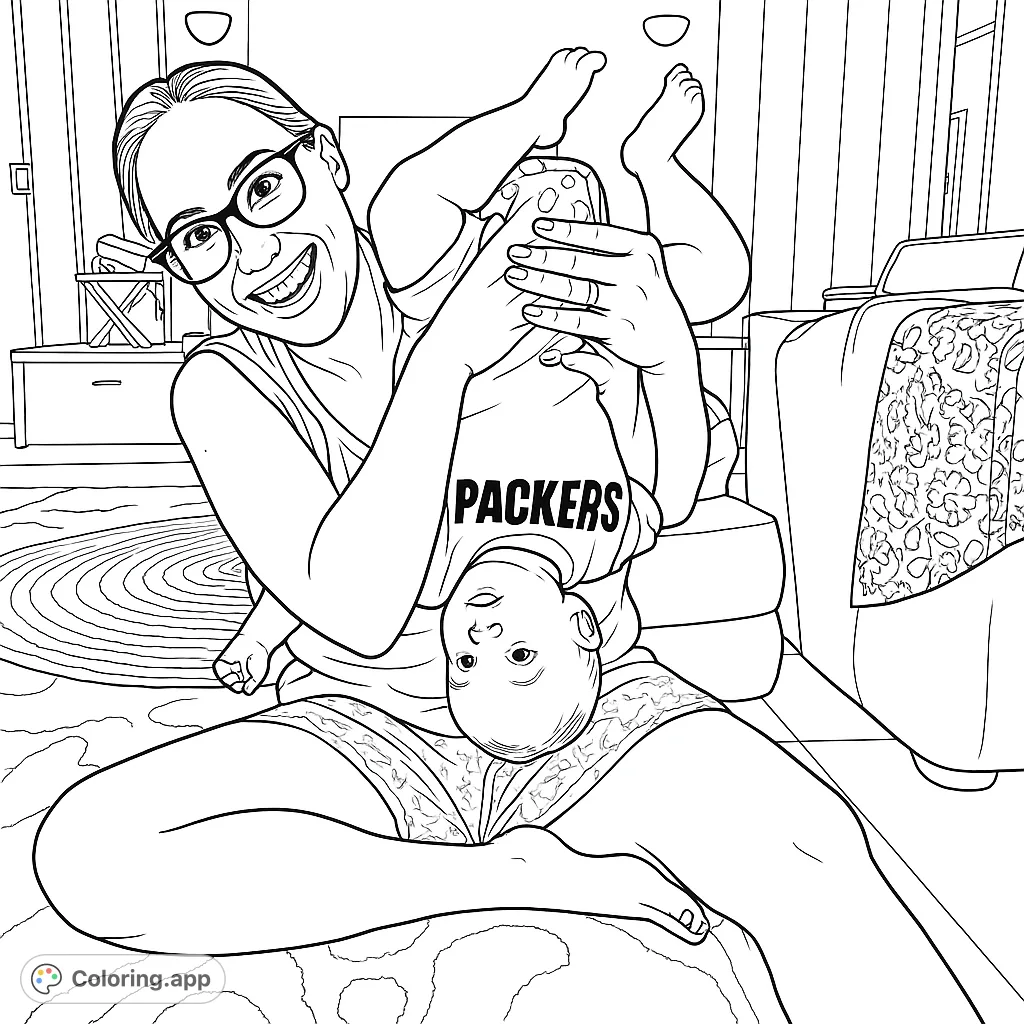 A heartwarming family coloring page featuring a smiling mother playing with her baby, capturing a joyful, playful moment for all ages.