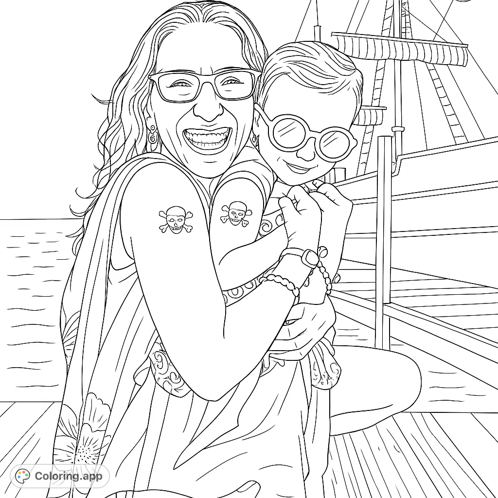 A heartwarming pirate-themed coloring page featuring a smiling adult and child with matching skull tattoos on a ship's deck. Perfect for family fun!
