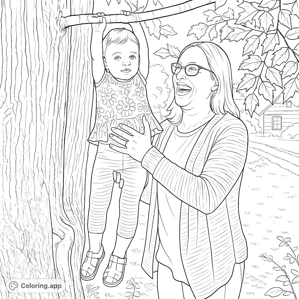 Capture a heartwarming moment of a child swinging from a tree branch with a laughing adult. A delightful outdoor family fun coloring page.