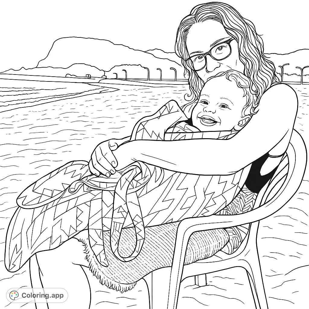 A heartwarming family coloring page featuring a mother embracing her smiling baby by the beach, with mountains and lampposts in the background.