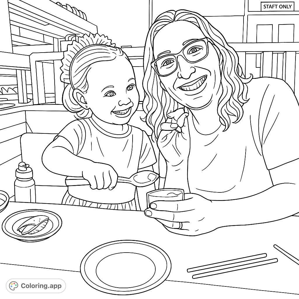Capture a heartwarming family dining moment with a smiling mother and child, perfect for a free printable coloring page.