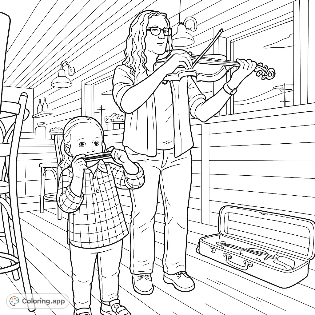 A heartwarming musical duo: a woman plays violin while a child plays harmonica. Perfect for a free printable music coloring page for kids and adults.