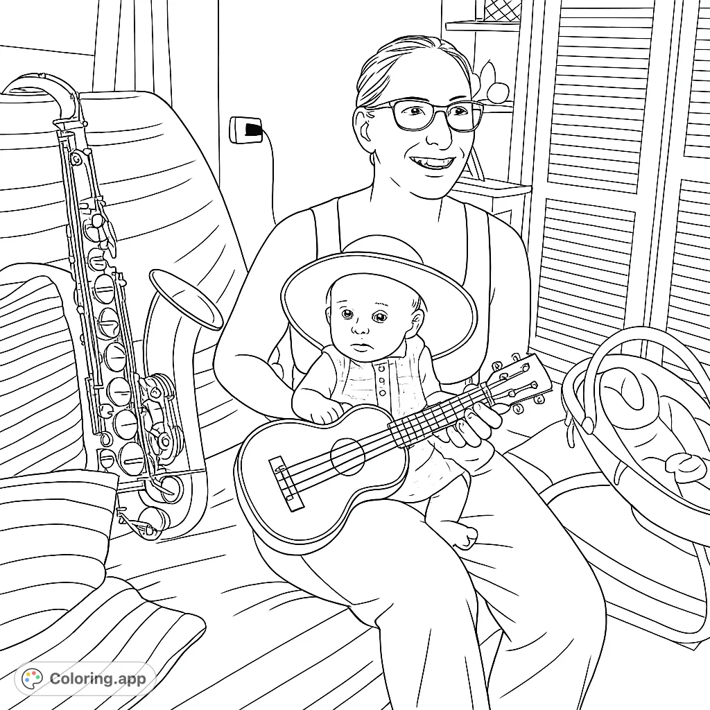A heartwarming musical family moment featuring a woman, baby, and ukulele, with a saxophone nearby. Perfect for all ages.