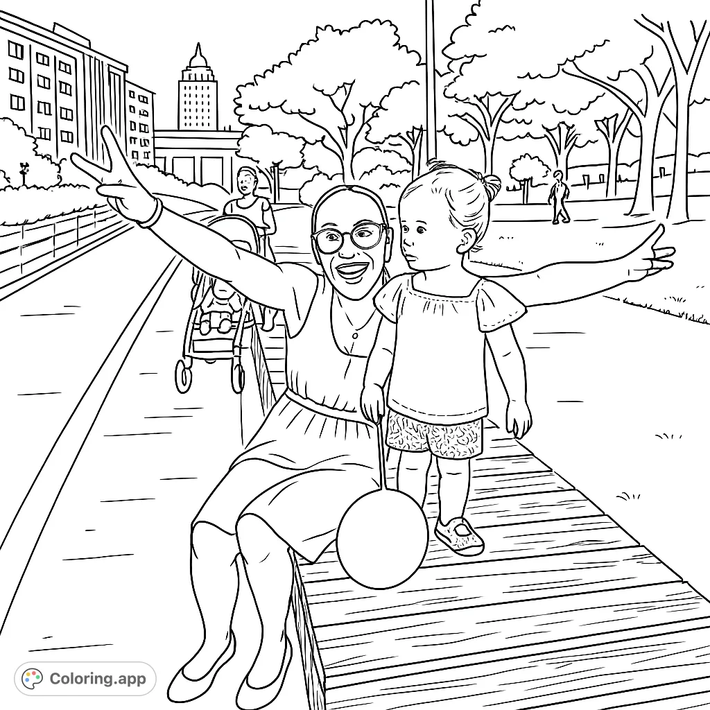 A joyful family park day scene featuring a woman and child on a bench, with city buildings and lush trees in the background. Perfect for all ages.