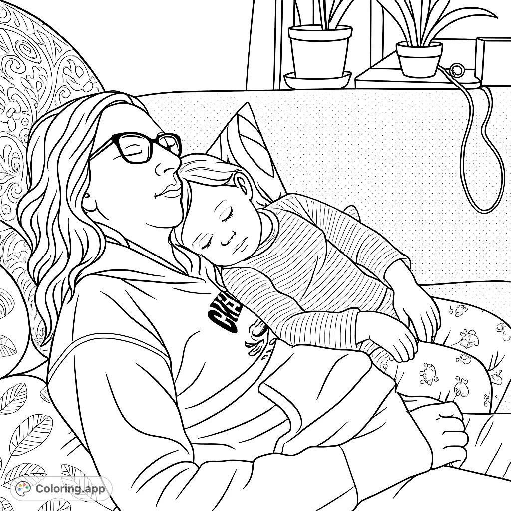 A heartwarming family coloring page featuring a mother and child peacefully napping on a cozy couch, surrounded by comforting home details. Free printable coloring page for all ages.