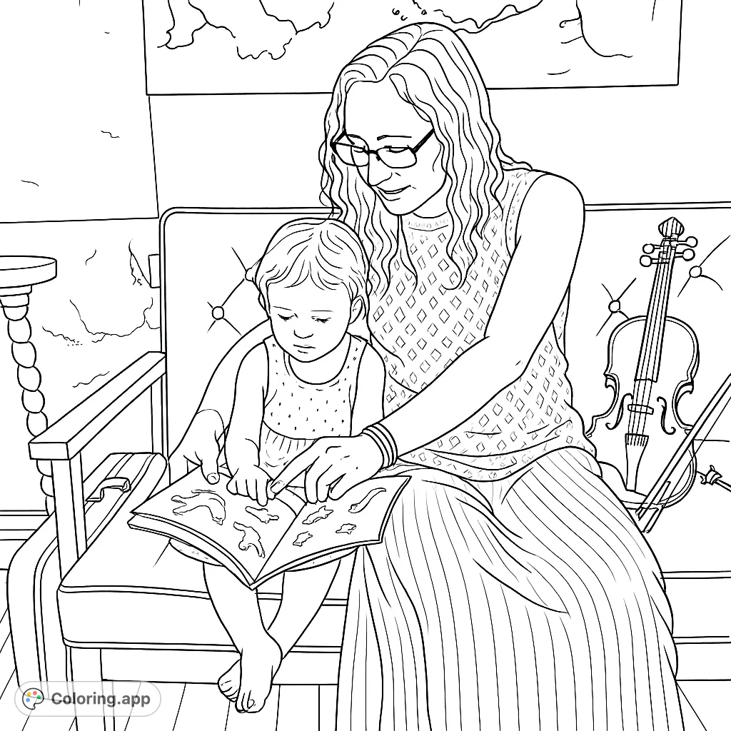 Heartwarming family bonding coloring page featuring a woman and child reading a book. Perfect for all ages to enjoy a moment of shared learning and creativity.