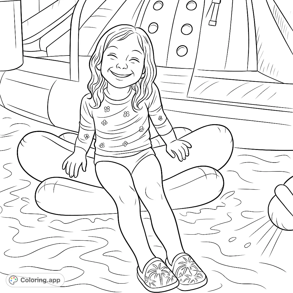 A joyful girl on an inflatable float, ready for a splash at the water park. Perfect for a fun summer coloring page.