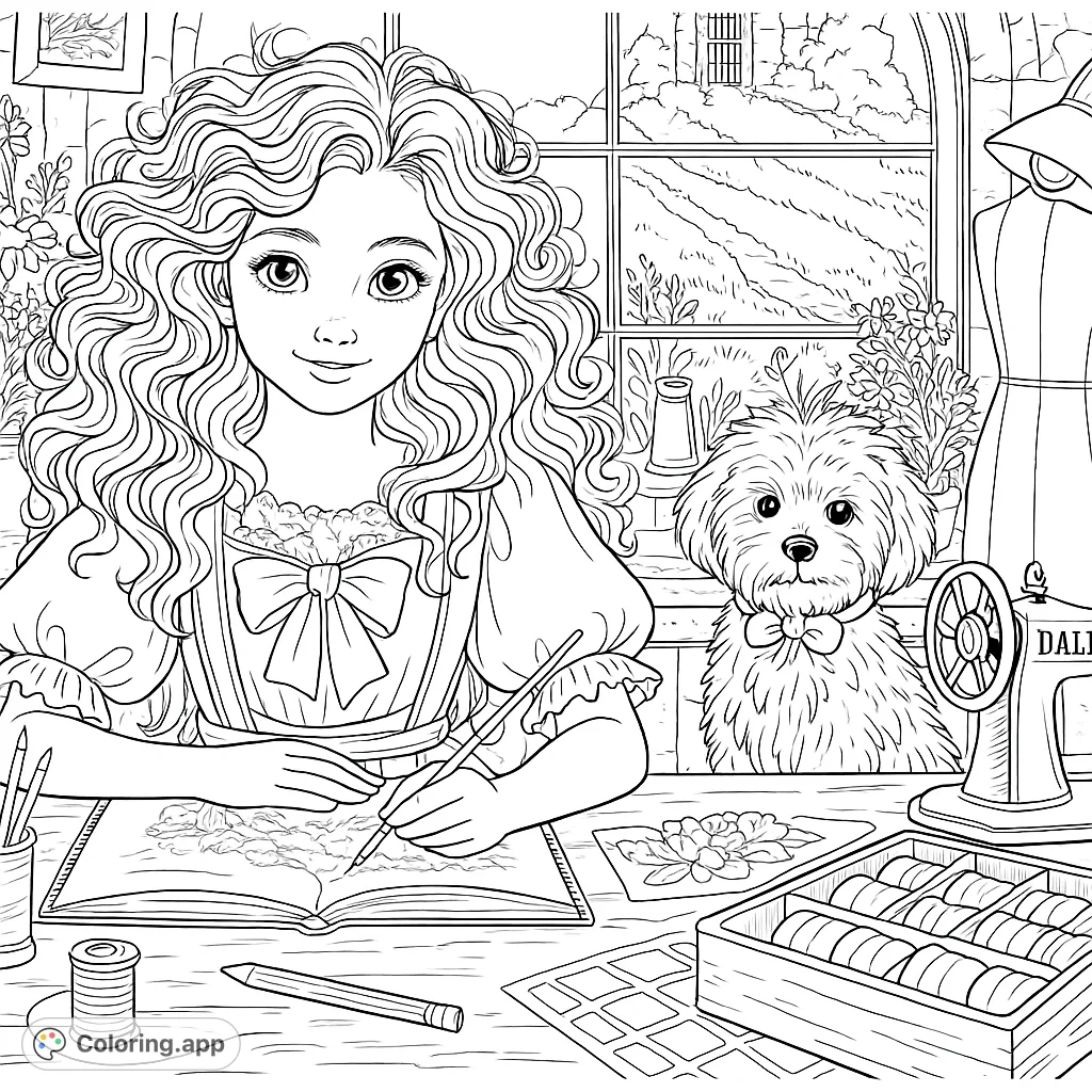 A charming scene of a girl drawing with her fluffy dog by a window overlooking a scenic landscape. Perfect for creative minds and animal lovers.