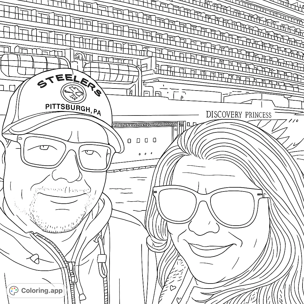 A happy couple smiles for a selfie in front of a grand cruise ship, perfect for a travel-themed free printable coloring page.
