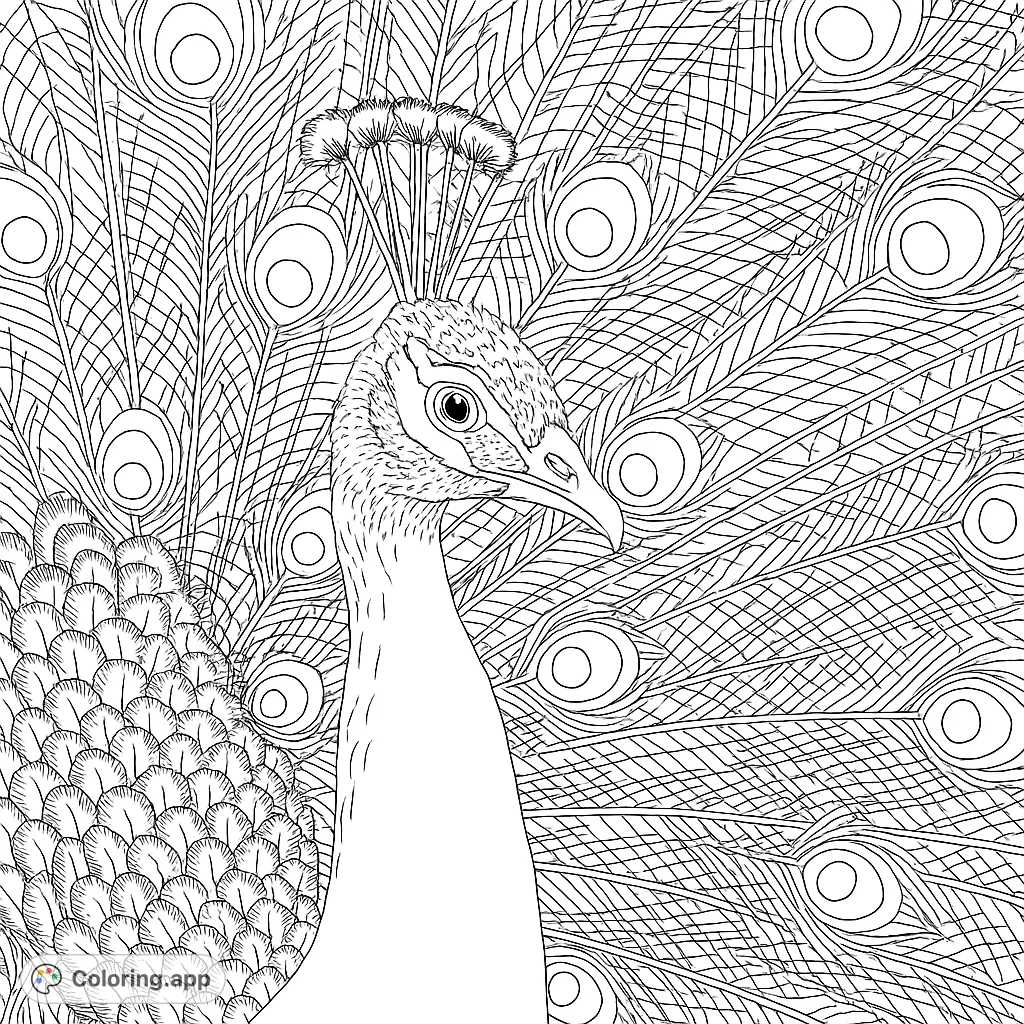 A stunning peacock coloring page featuring its majestic head, intricate body feathers, and a grand display of detailed tail feathers with iconic "eye" patterns.