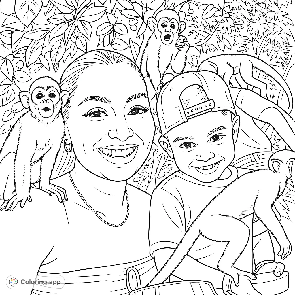 A joyful jungle adventure coloring page featuring a smiling woman and boy with playful monkeys amidst lush tropical foliage. Free printable fun for all ages!
