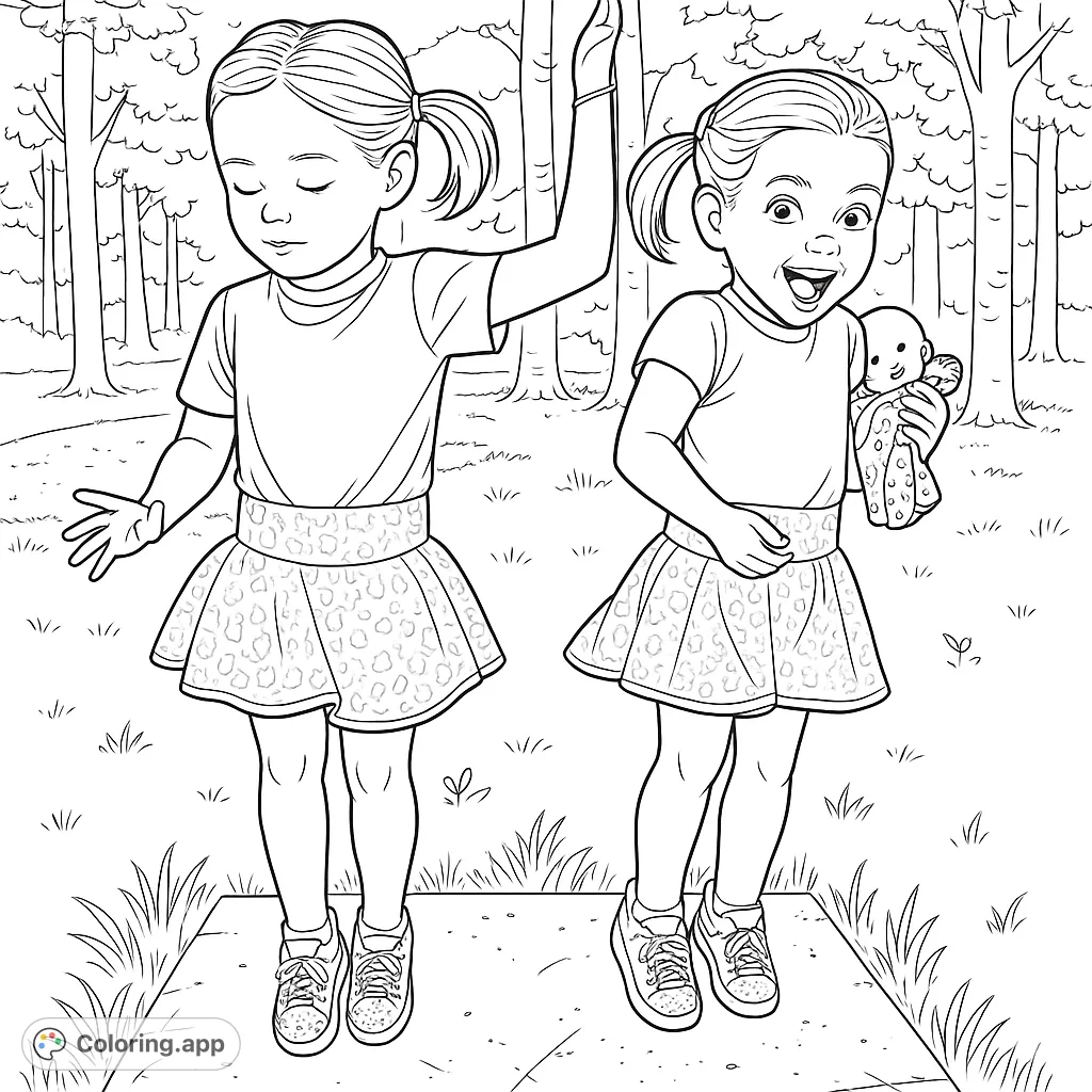 Two joyful girls play outdoors in a charming forest scene. Perfect for a fun kids coloring page, featuring patterned skirts and a happy doll.