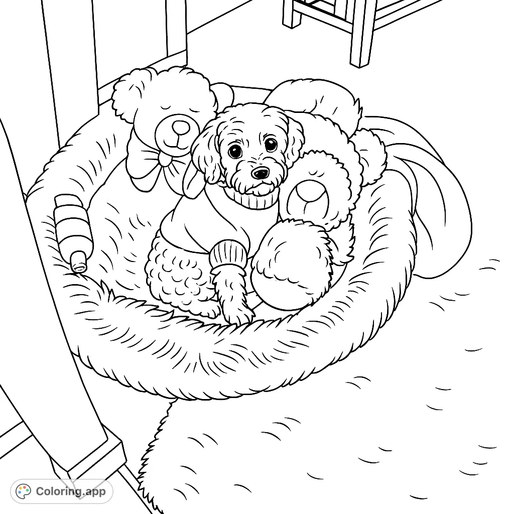 A charming puppy in a cozy bed with toys, perfect for a relaxing coloring session. Free printable puppy coloring page for kids and adults.