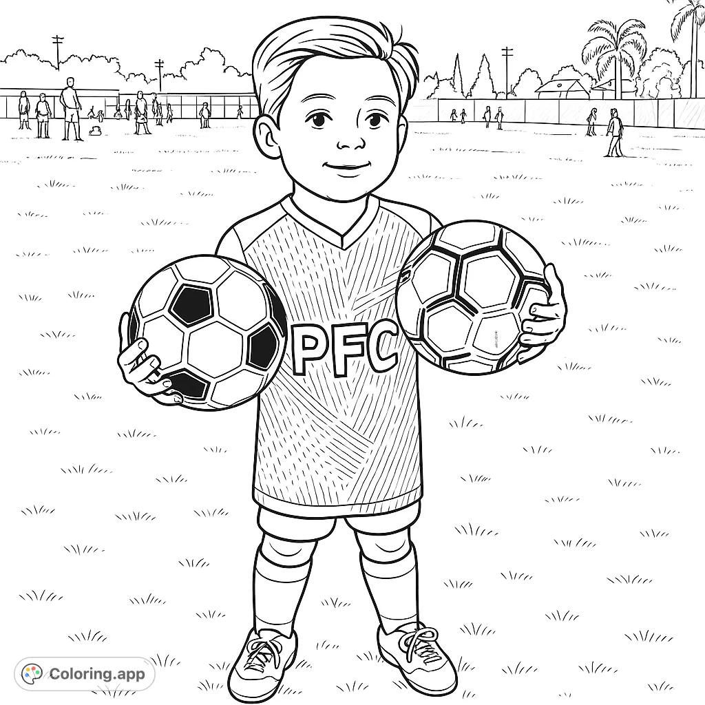 A smiling young boy holds two soccer balls on a field, ready for play. Perfect for sports fans and aspiring athletes.