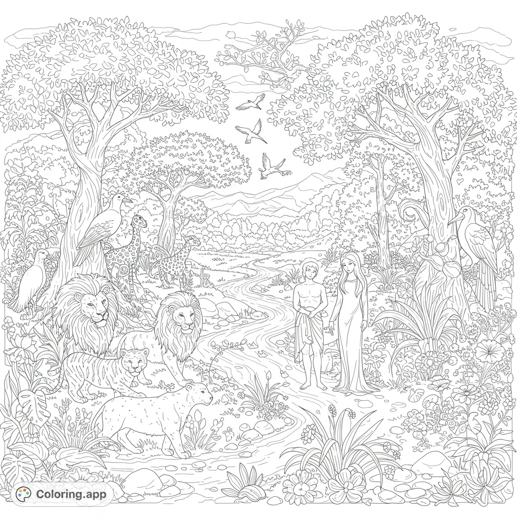 Explore the serene Garden of Eden with Adam, Eve, and diverse animals. A detailed free printable coloring page for all ages.