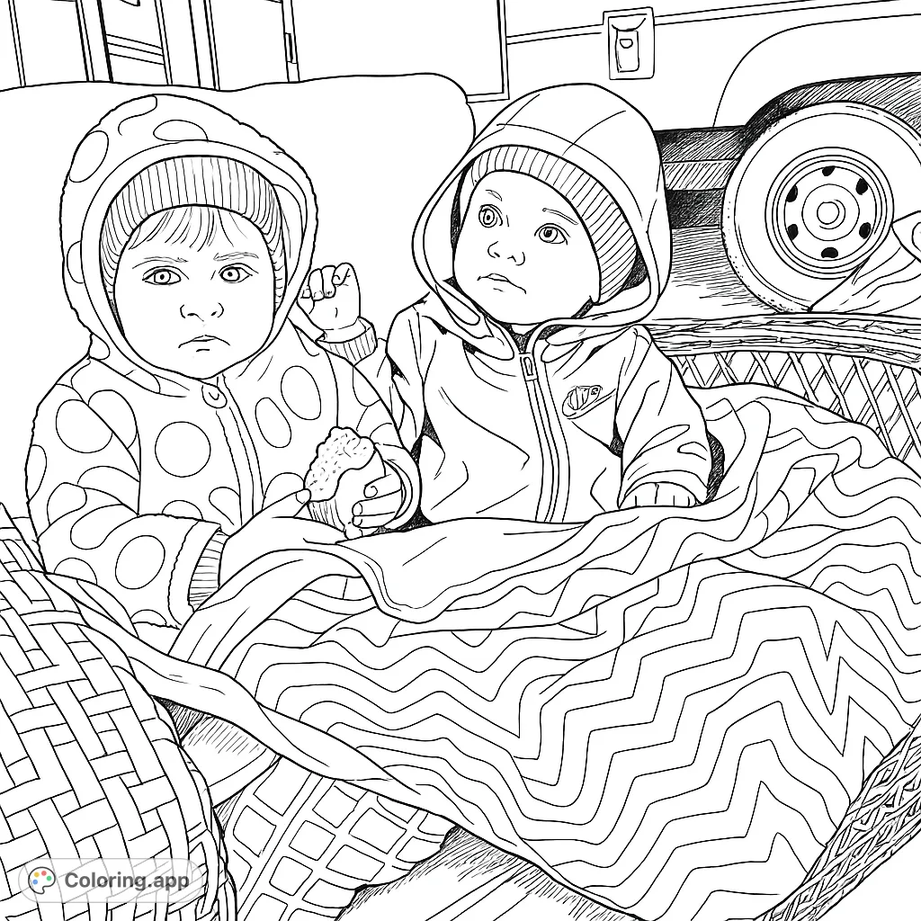 Two adorable bundled babies on an outdoor chair, wrapped in a cozy chevron blanket. A heartwarming scene perfect for a free printable coloring page.