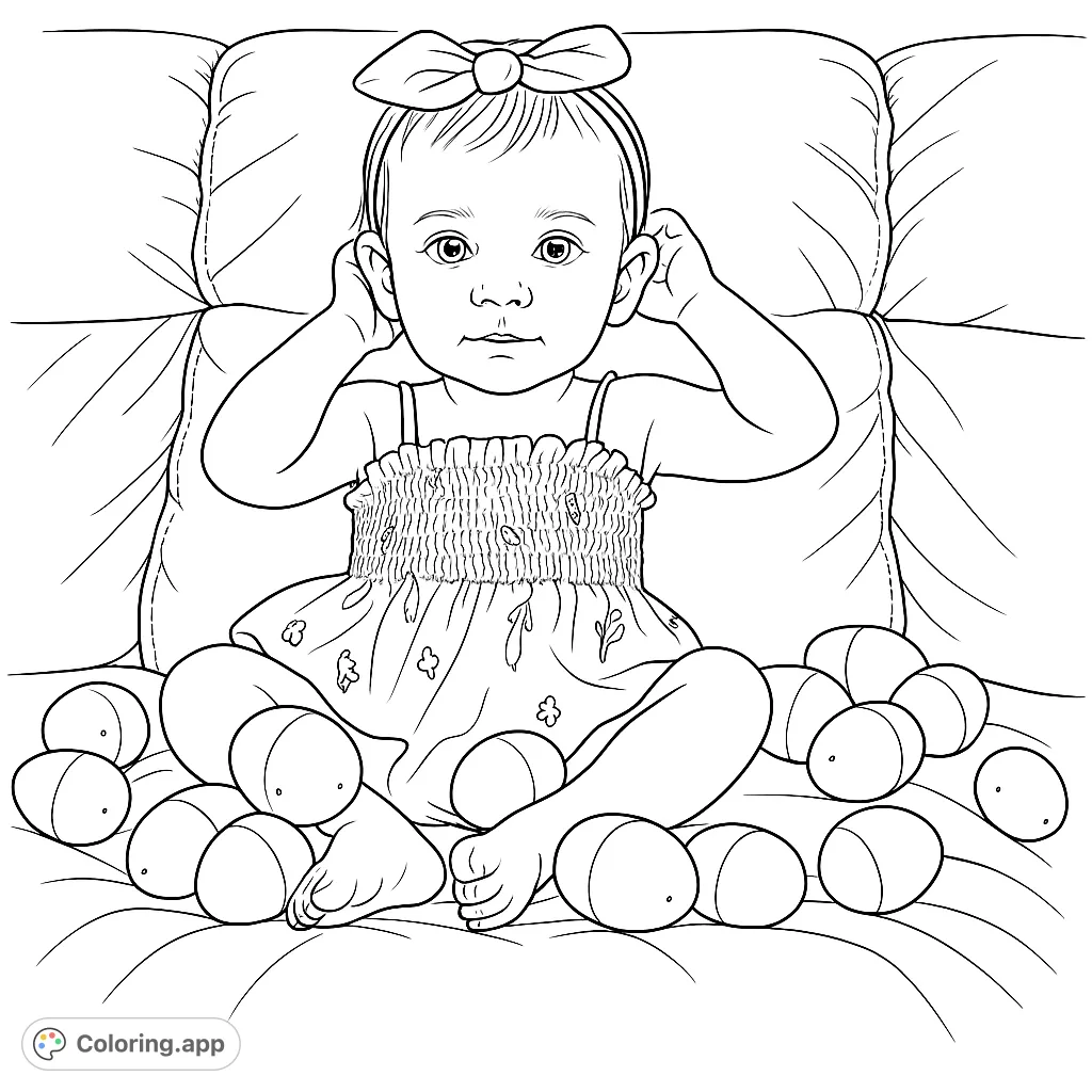 An adorable baby in a smocked dress sits on a plush sofa surrounded by Easter eggs, perfect for a charming baby coloring page.