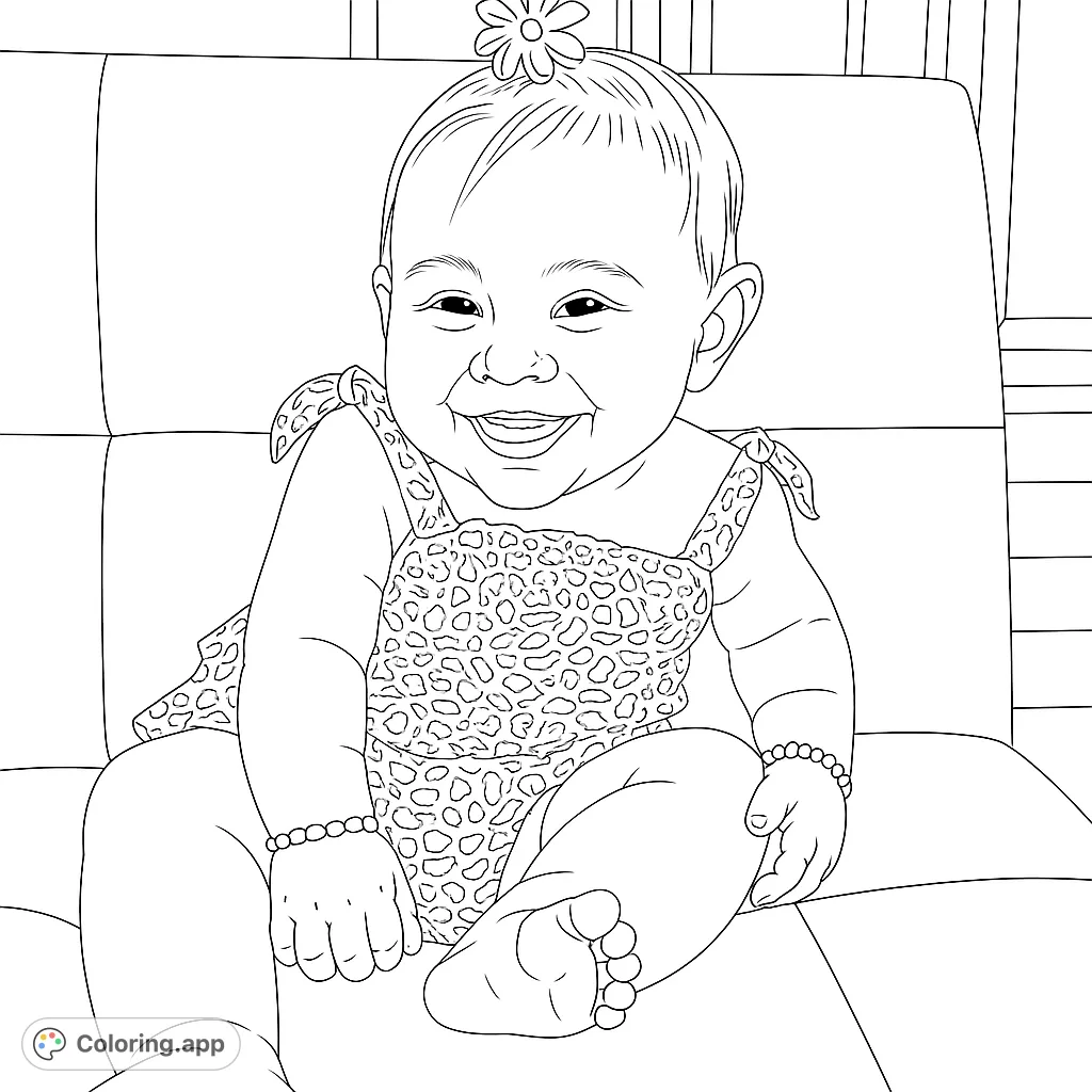 A delightful baby coloring page featuring a happy infant with a wide smile, wearing a patterned romper and flower hair accessory, perfect for joyful coloring.