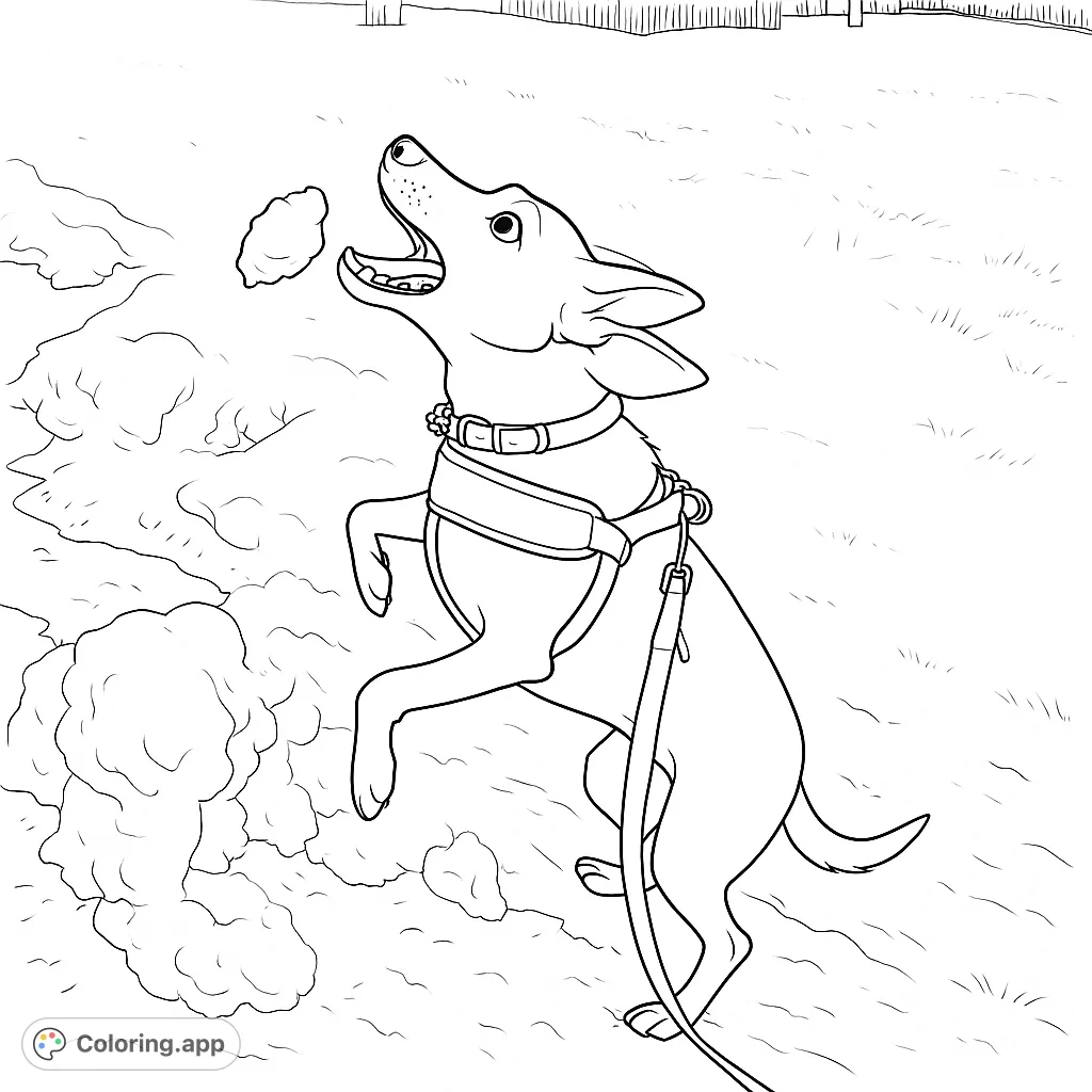 An energetic dog leaps to catch a snowball in this fun, free printable dog coloring page. Perfect for kids and adults!