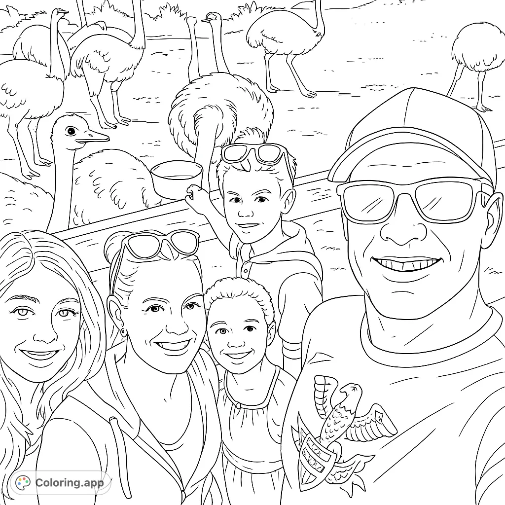 Capture a joyful family selfie at an ostrich park, featuring smiling faces and curious ostriches in the background. A fun animal adventure free printable coloring page.