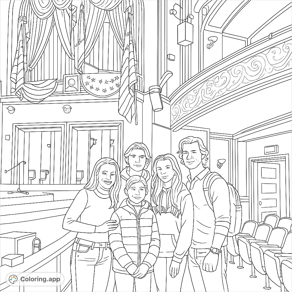 A family of five smiles in a grand civic hall, featuring ornate architecture, flags, and seating. A detailed free printable coloring page.