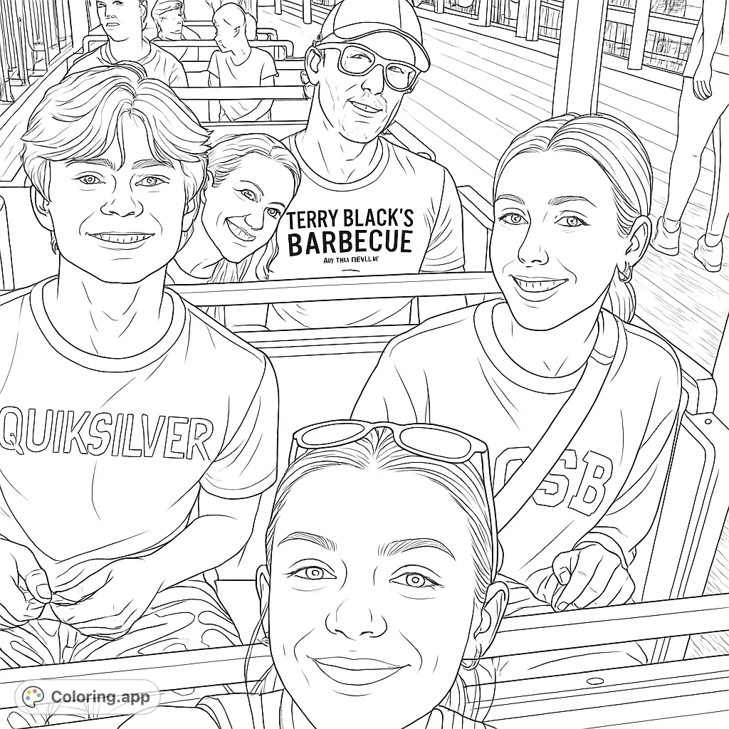 Joyful group selfie on a ride, perfect for family fun coloring. Free printable coloring page for kids and adults.