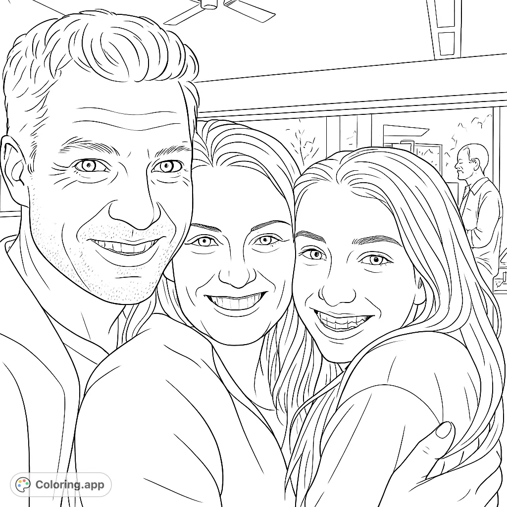 A heartwarming family portrait featuring a smiling man, woman, and girl in a loving embrace. A free printable family coloring page for all ages.