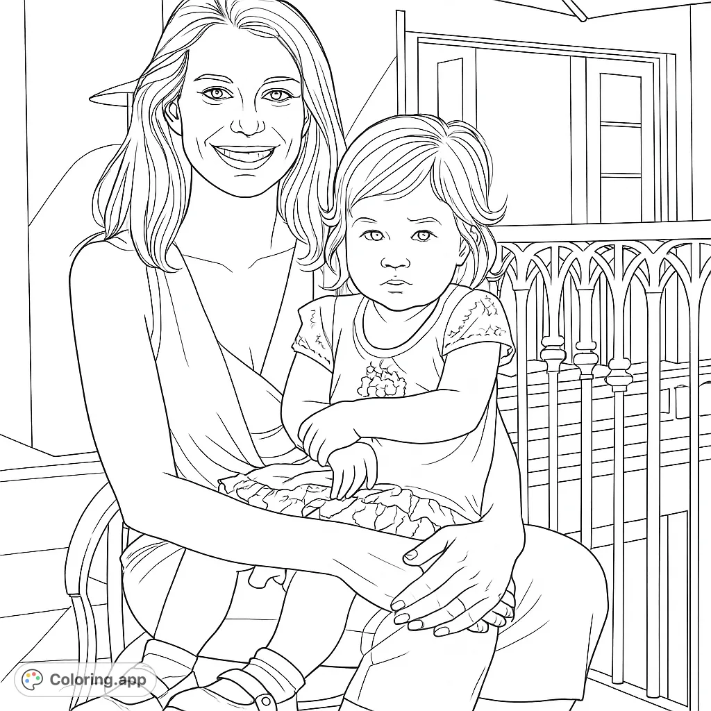 A heartwarming mother and child portrait on a balcony, perfect for a family coloring page. Free printable for all ages.